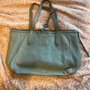 Fossil Mint Green Leather Tote Bag – Zip Top, Gold Hardware